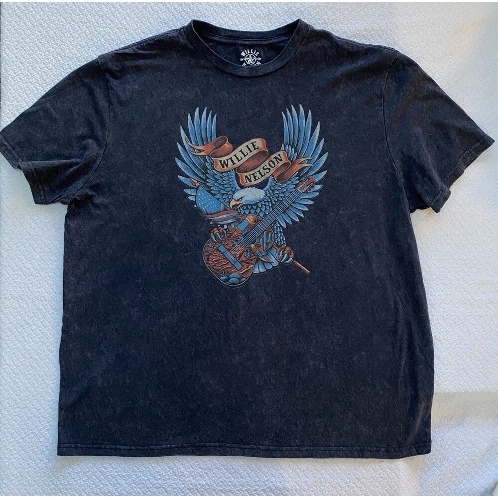Willie Nelson Eagle Guitar Graphic T-Shirt XXL Black Mineral Wash Distressed